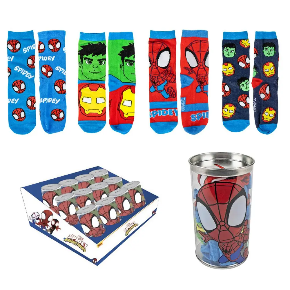 4 Pak Spidey Strømper - Blå Mix i Sparegris Design