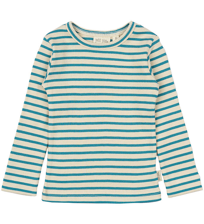 Ribbet Modal Bluse i Turkis og Off White fra Petit Piao