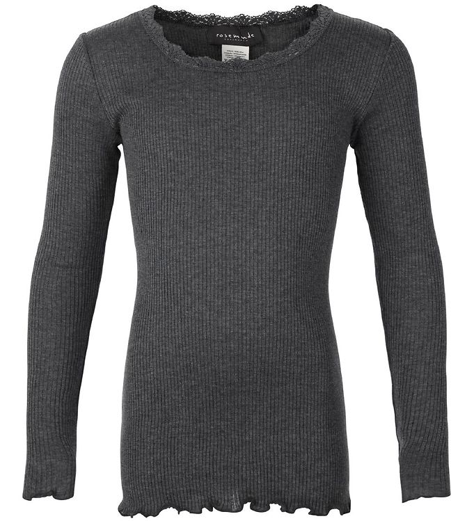 Bluse   Rib   Gråmeleret M. Blonder fra Rosemunde